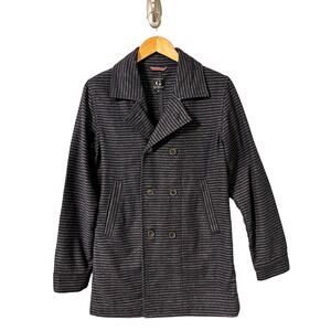 Goodale NY Shirt Jacket Size XS Blue Gray Stripe Wool Blend Long Blazer Peacoat